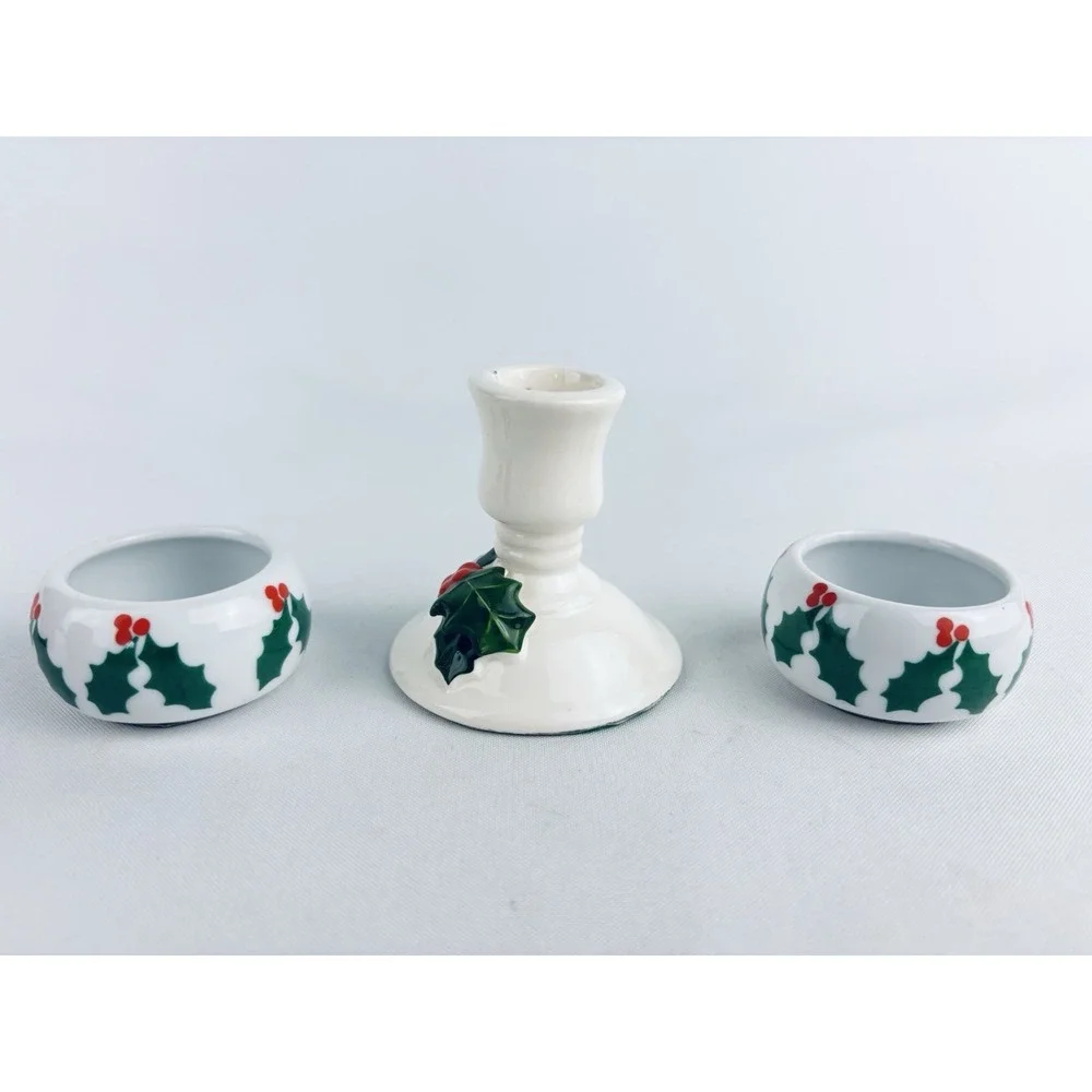 Vintage Holly Ivy‎ Taper Candlestick Holders Christmas Decor - Lot Of 3 -